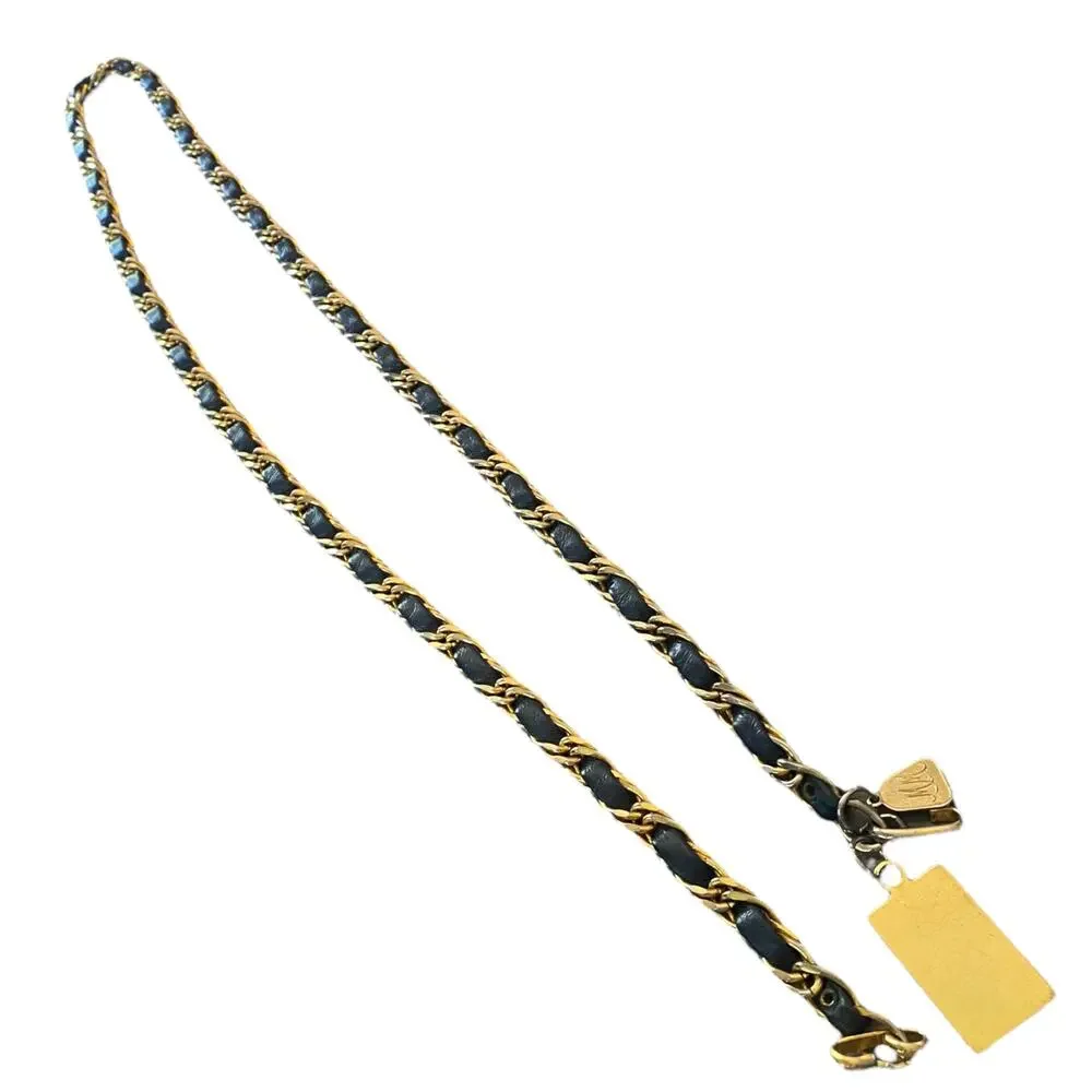 Morris Moskowitz Vintage Gold Chain Navy Blue Leather Hook Belt 39.5